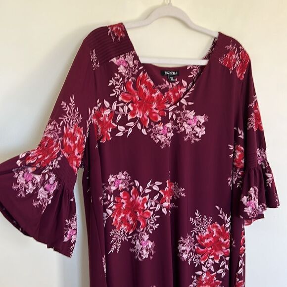 Women’s Plus size 2X gorgeous flutter sleeve maroon & pink floral dress NEW - Picture 9 of 15